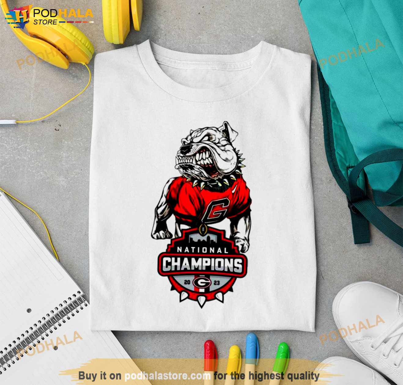 Georgia Bulldogs 3-Time Football National Champions Sketch T-Shirt - White