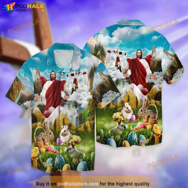 God Jesus And Rabbit Funny Hawaiian Shirt, Hawaiian Button Up Shirt
