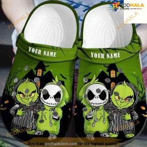 Grinch And Jack Skellington Custom Name Crocs Clog Shoes For Halloween