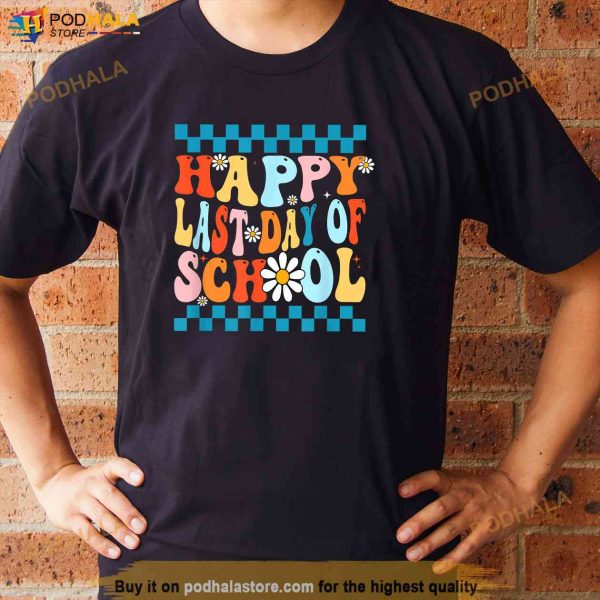 Happy Last Days Of School Teacher Kids Retro Groovy Last Day Shirt