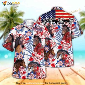 Horse In American Flag Patterns Hawaiian Shirt Aloha Button Down Shirt 2