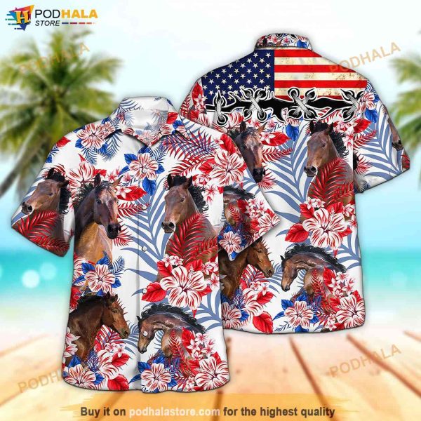 Horse In American Flag Patterns Hawaiian Shirt, Aloha Button Down Shirt