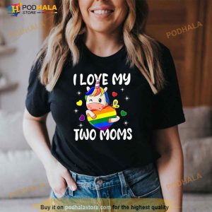 I Love My Two Moms Cute Lgbt Gay Ally Unicorn Girls Kids Shirt 2