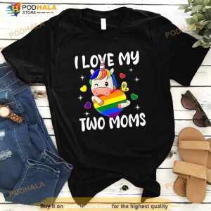 I Love My Two Moms Cute Lgbt Gay Ally Unicorn Girls Kids Shirt 3