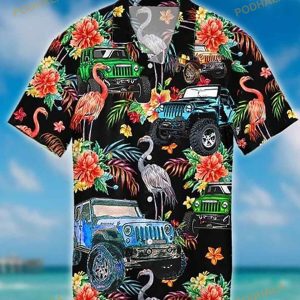 Jeep And Flamingo Print Funny Hawaiian Shirt, Tropical Shirt For Men