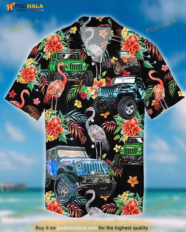 Jeep And Flamingo Print Funny Hawaiian Shirt, Tropical Shirt For Men