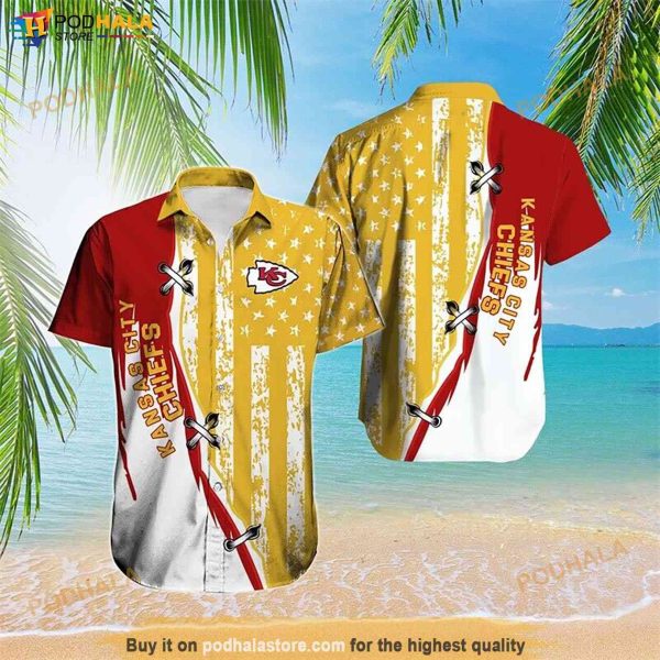 Kansas City Chiefs Hawaiian Button Down Shirt, Us Flag Summer Beach Hawaii Shirt