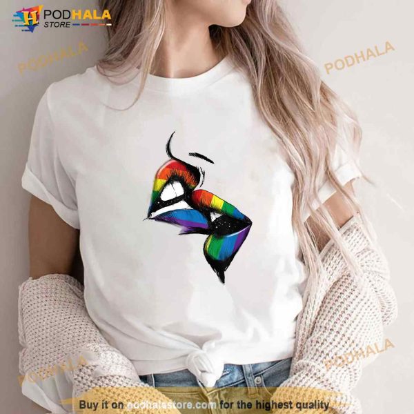 Lesbian Lips Kissing Rainbow Flag Gay Pride LGBT White Shirt