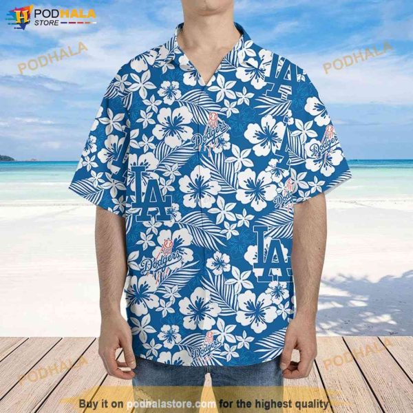 Los Angeles Dodgers Hawaiian Shirt, Hibiscus Seamless Pattern Baseball Shirt