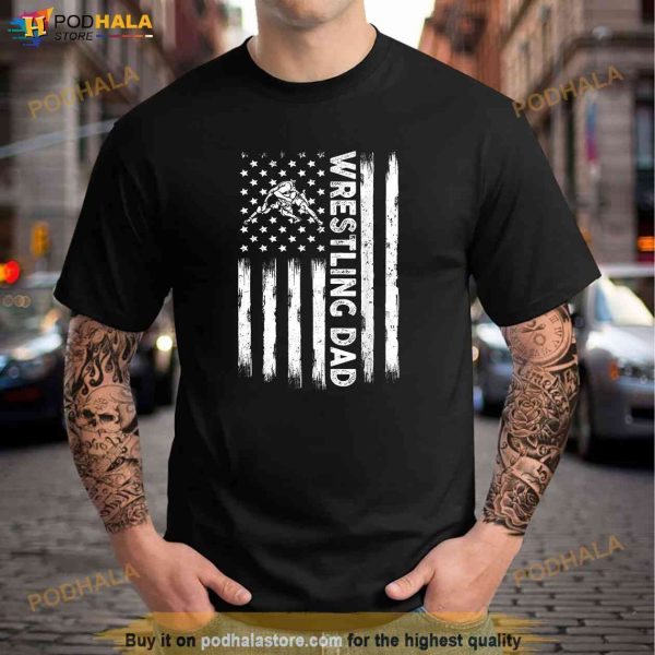 Mens Distressed USA American Flag Wrestling Dad Men Fathers Day Shirt