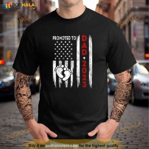 Mens Promoted To Dad 2023 American Flag Fathers Day Shirt