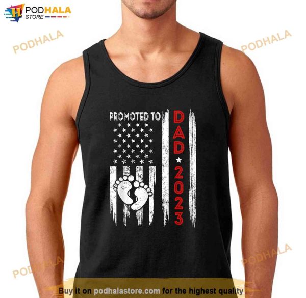 Mens Promoted To Dad 2023 American Flag Fathers Day Shirt