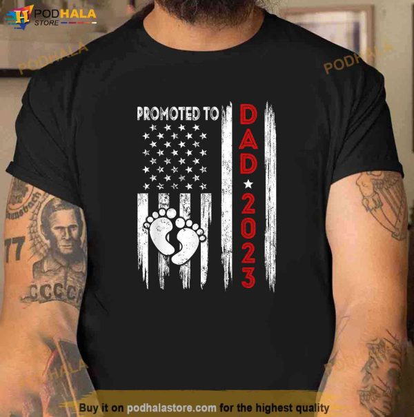 Mens Promoted To Dad 2023 American Flag Fathers Day Shirt