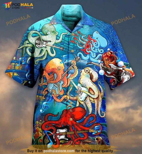 Octopus With Guitar 1 Print Funny Hawaiian Shirt, Aloha Shirt