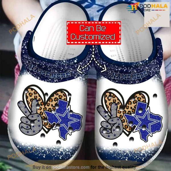 Peace Love Dallas Cowboys Glitter Leopard Custom Name Crocs Crocsband Clog Comfortable Water Shoes
