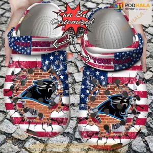 Personalized Carolina Panthers American Flag Breaking Wall Crocs Clog Shoes