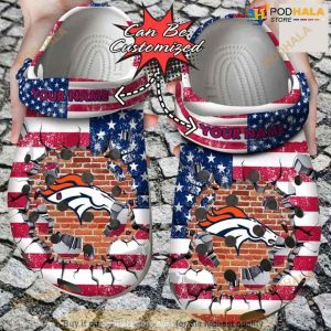 Personalized Denver Broncos American Flag Breaking Wall Crocs Clog Shoes
