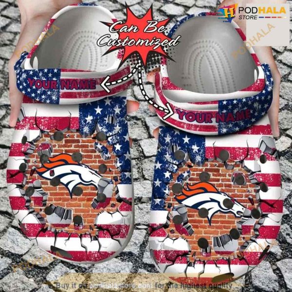 Personalized Denver Broncos American Flag Breaking Wall Crocs Clog Shoes