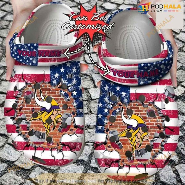Personalized Minnesota Vikings American Flag Breaking Wall Crocs Clog Shoes