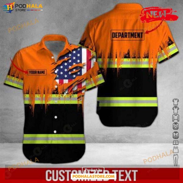 Personalized Name American Flag Heavy Equipment Workwear Orange Design For Summer Hawaiian Shirt