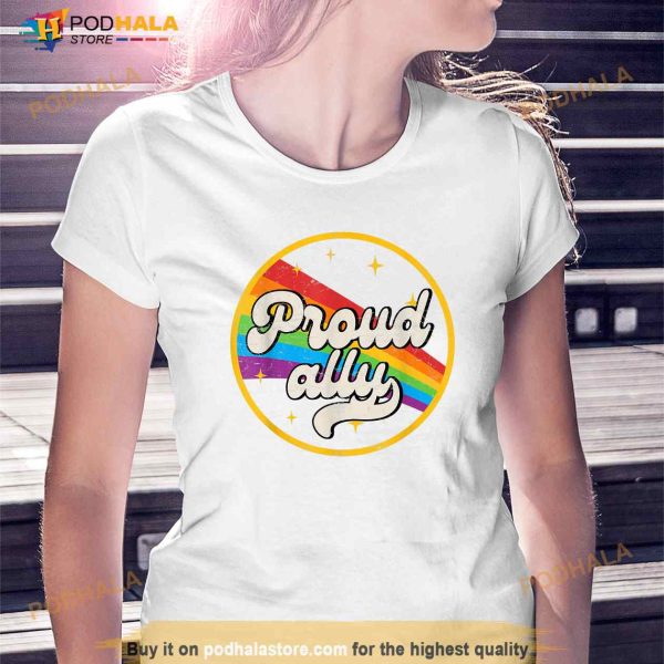 Proud Ally LGBT Pride Ally Rainbow Flag Retro Vintage White Shirt