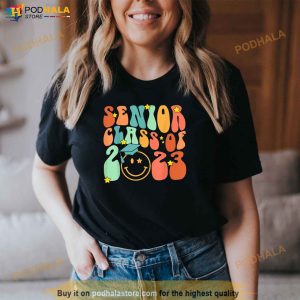 Retro Groovy Senior Class Of 2023 Graduation Smile Face Grad Shirt 2