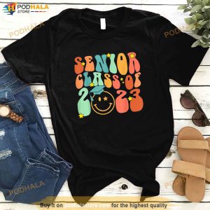 Retro Groovy Senior Class Of 2023 Graduation Smile Face Grad Shirt 3