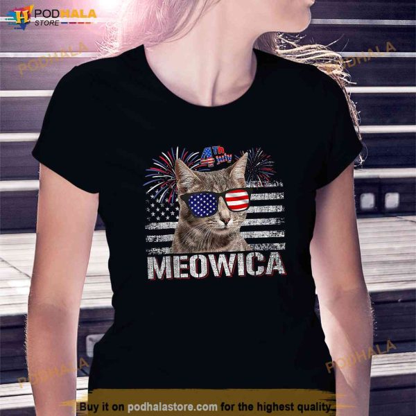 Retro Meowica Cat Sunglasses USA Flag Fireworks 4th Of July Shirt