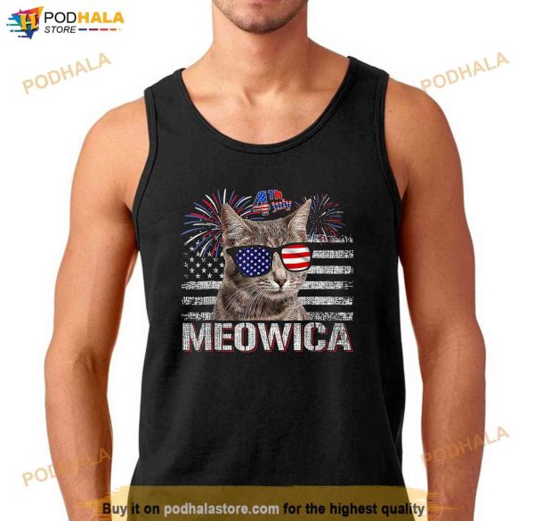 Retro Meowica Cat Sunglasses USA Flag Fireworks 4th Of July Shirt