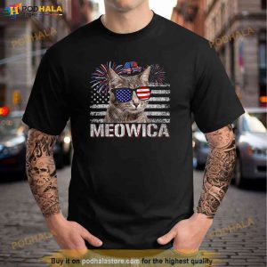 Retro Meowica Cat Sunglasses Usa Flag Fireworks 4th Of July Shirt 3