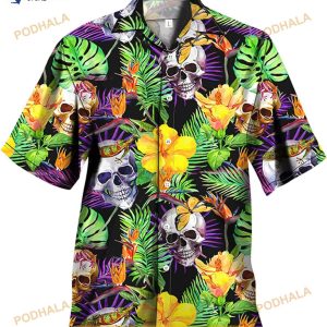 Skull And Flowers Hawaiian Purple Shirt, Tropical Shirt For Men