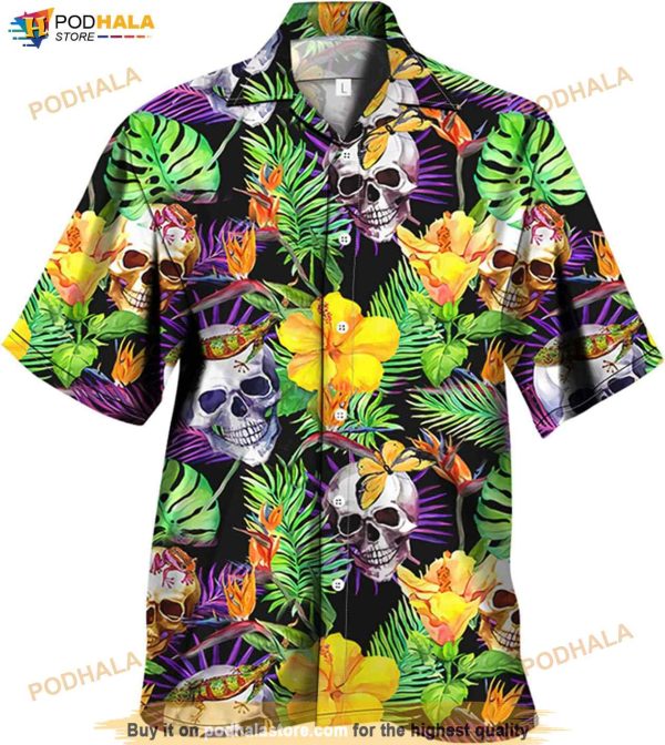 Skull And Flowers Hawaiian Purple Shirt, Tropical Shirt For Men