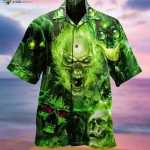 Skull Green Print Hawaiian Shirt, Tropical Shirt