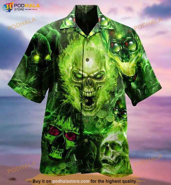 Skull Green Print Hawaiian Shirt, Tropical Shirt