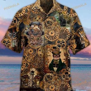 Steampunk Cat Print Hawaiian Shirt, Hawaiian Outfit For Men