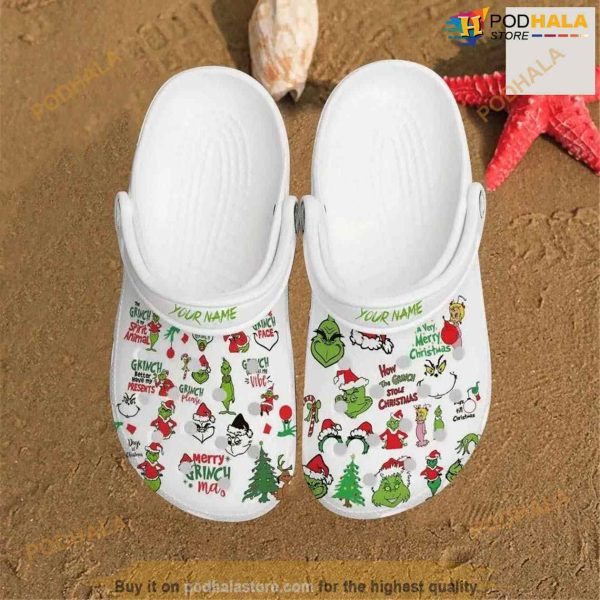 The Grinch Grinchmas Face Pattern Christmas Custom Name Clog Clogband Crocs Shoes