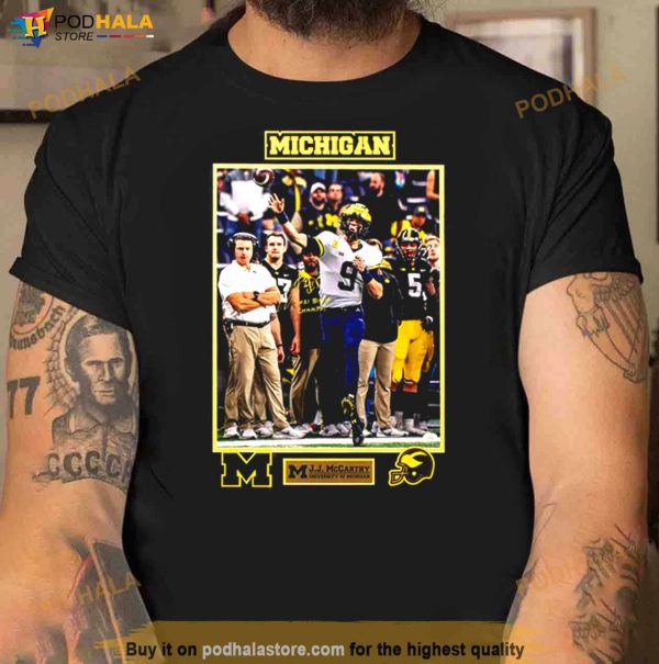 University of Michigan Football JJ McCarthy Autographed Framed Picture with 2021 Big Ten Champs Shirt