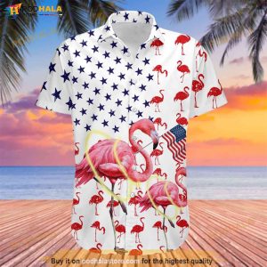 Flamingo US Flag Firework Pattern Full Printed Hawaiian Shirt