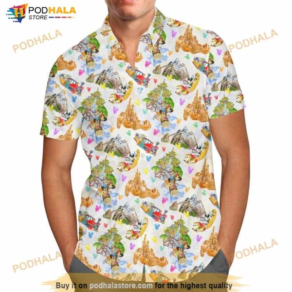 Watercolor Disney Parks Trains And Drops Hawaiian Shirt