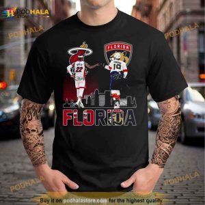 2023 Florida Panthers And Miami Heat Butler And Tkachuk Skylines Signatures Shirt 3