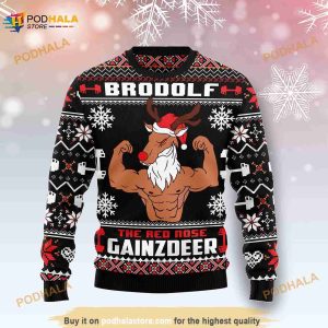 3D Brodolf The Red Nose Gainzdeer Gym Ugly Christmas Sweater, Gym Santa Ugly Xmas