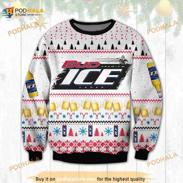 3D Bud Ice Lager Beer Funny Ugly Sweater Christmas