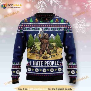 3D Camping Bear I Hate People Ugly Christmas Sweater
