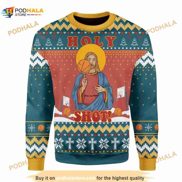 3D Christ Jesus Holy Shot Basketball Ugly Christmas Sweater, Basketball Xmas