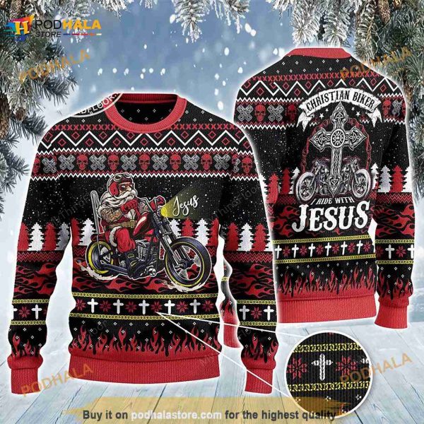 3D Christian Biker I Ride With Jesus All Over Print Funny Ugly Sweater