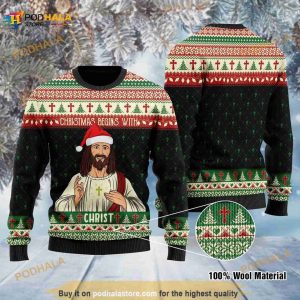 3D Christmas Begins With Christ Jesus Funny Ugly Sweater, Jesus Santa Xmas