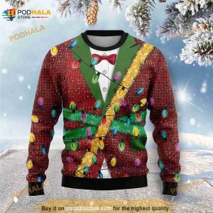 3D Christmas Light Red Glitter Full Printed Ugly Christmas Sweater
