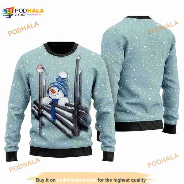 3D Christmas Snowman Wooden Fences Merry And Bright Sweater
