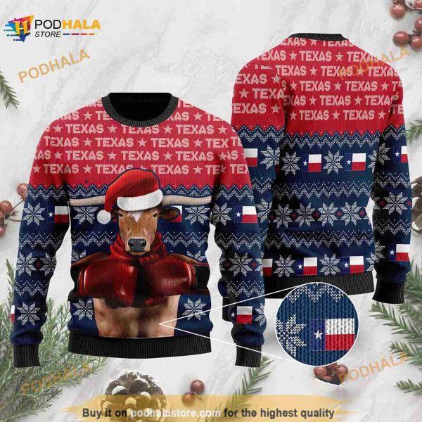 3D Christmas Texas Boxing Longhorn Funny Ugly Sweater
