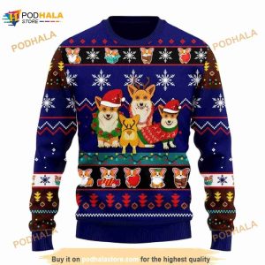 3D Corgi Cute Noel Mc Christmas Blue Funny Ugly Sweater